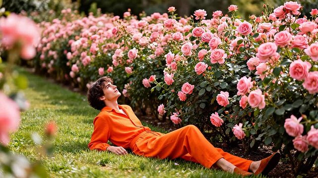 Person in orange outfit resting in rose garden