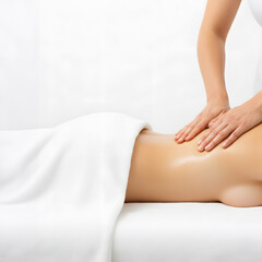 Fototapeta premium Back Massage with Therapist Hands on Woman Body on Spa Table Isolated on White Background with Copy Space