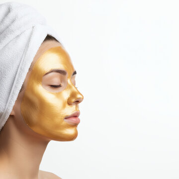 Gold Facial Mask Treatment with Colloidal Gold Skincare on Woman Face Profile Isolated on White Background with Copy Space