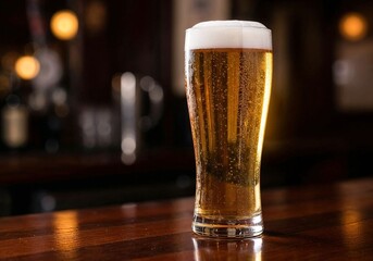Cold beer served in glass on wooden bar counter  