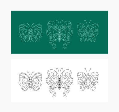 Butterfly outline illustration set in line art style for coloring and design
