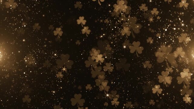 Luxury golden Saint Patrick's Day background with glittering gold particles, shiny stars and lucky shamrocks gently falling. 