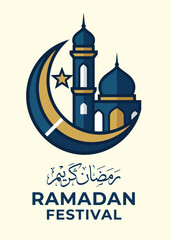 Ramadan Festival Illustration with Mosque Crescent Moon and Arabic Calligraphy