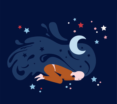 Woman Sleeping Under Night Sky &ndash; Dreams, Relaxation and Inner Peace Concept, mental health, rest
