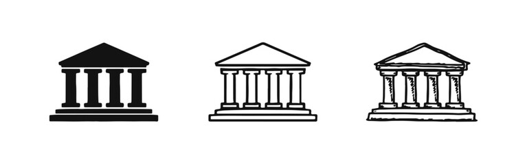 Fototapeta premium Temple building icon set. Ancient or classical architecture symbol with pillars in various artistic styles.