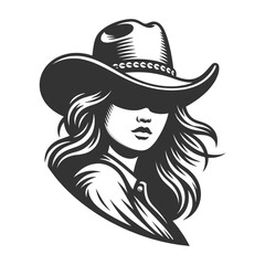 cowgirl with long flowing hair and cowboy hat covering eyes, modern western logo style sketch engraving generative ai fictional character vector illustration. Scratch board imitation. Black and white.
