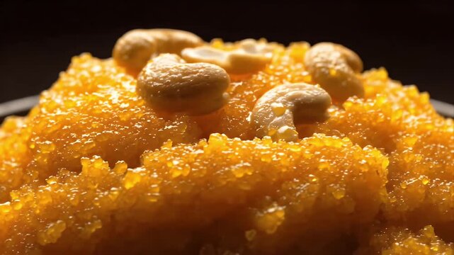 Close-up of Sweet Golden Semolina Halwa Topped with Cashews A Delicious Indian Dessert Delight