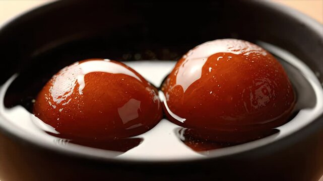 Close up of two sweet round brown syrup soaked gulab jamun dessert in a dark bowl with syrup dripping on one, warm