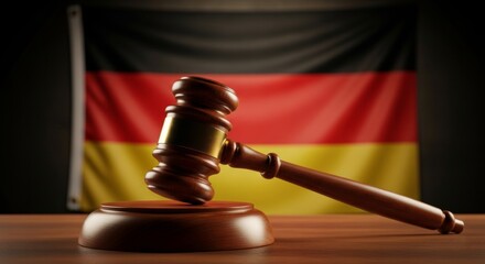 Judges gavel on desk with blurred german flag in background