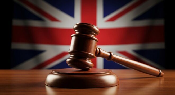 Gavel and block in front of blurred british flag symbolizing uk justice system