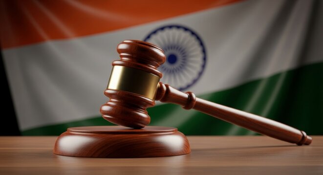 Wooden judge gavel on desk with indian flag background symbolizing justice and law