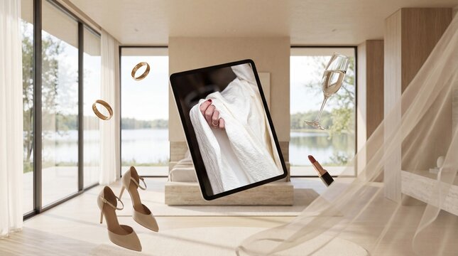 Modern lakeside bridal suite still life with suspended wedding morning portrait