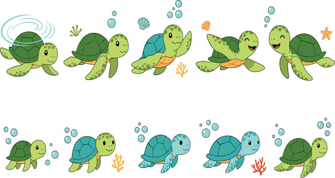 Cute Sea Turtle Cartoon Character Poses Collection with Swimming Diving and Underwater Bubbles Marine Animal Flat Vector Illustration Set Police Stop