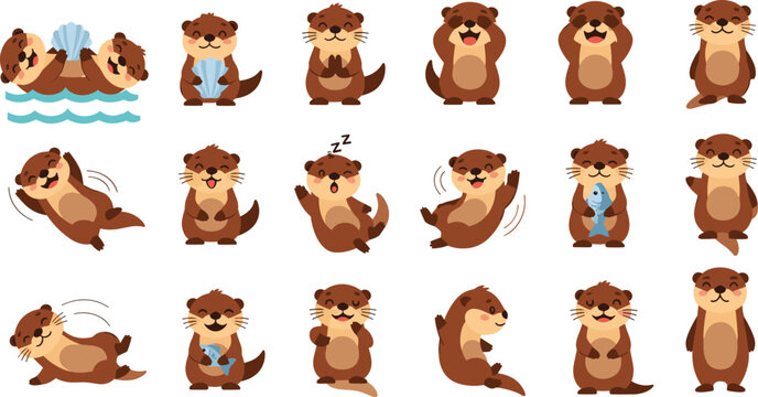 Cute Sea Otter Cartoon Character Collection with Swimming Playing Eating Fish and Sleeping Marine Animal Flat Vector Illustration Set Police Stop