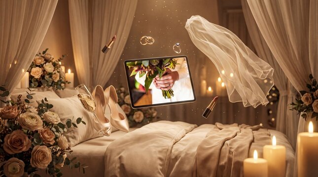 Romantic room candlelit still life with floating wedding bridal bouquet memory portrait