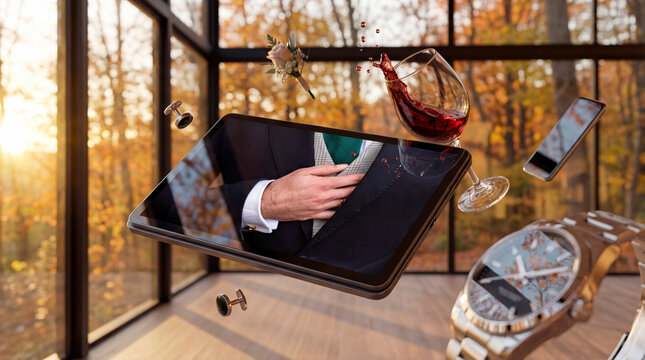 Luxury autumn groom preparation still life with suspended wedding celebration portrait in digital tablet