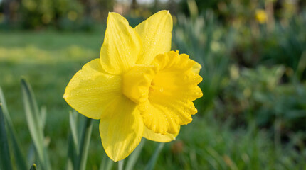 Fototapeta premium Yellow daffodil flower blooming in a green garden during spring 