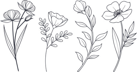 Stylized Line Art of Four Different Flowers