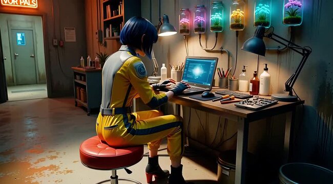 A futuristic astronaut in a yellow suit works intently on a computer at a cluttered desk in a dimly lit room with neon signs and glowing jars.