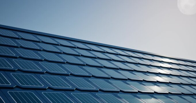 3d rendering of solar shingle roof tile, array of integrated photovoltaic panels under moonlight night sky, continuous energy management through battery storage systems and smart grid integration.