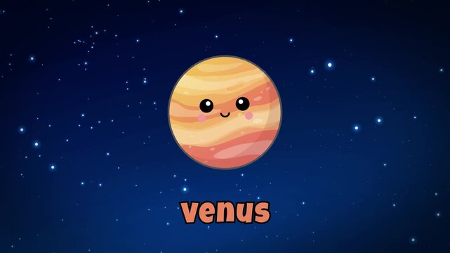 Animated cartoon of planet Venus with a cute smiling face and orange-yellow atmosphere against a starry space background.