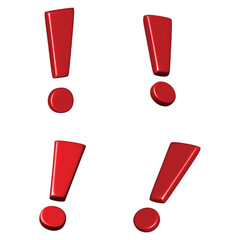 Four red exclamation marks arranged in a square formation on a white background viewed directly from the front