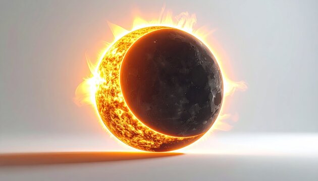 Dramatic solar eclipse illustration with glowing corona and planetary shadow.