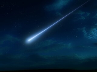 Huge meteorite trail  in the evening sky. Space object ignited from air friction. Shooting star reached Earth. © Nazarii