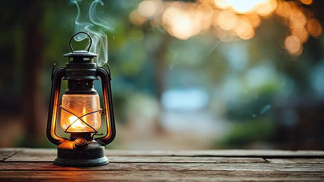 Vintage lantern with smoke on wooden surface