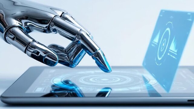 Robotic hand interacts with digital tablet display. AI machine learning and futuristic operating system concept for innovation.