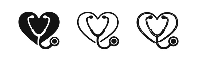 Fototapeta premium Stethoscope in Heart Shape Icon Set, Symbolizing Medical Love and Healthcare, Solid, Outline, and Hand-Drawn