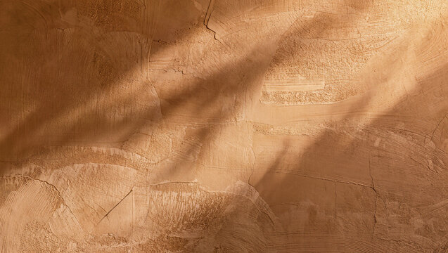 A rustic textured wall in warm earth tones features uneven plasterwork subtle cracks and abstract shadows creating dynamic patterns across the surface