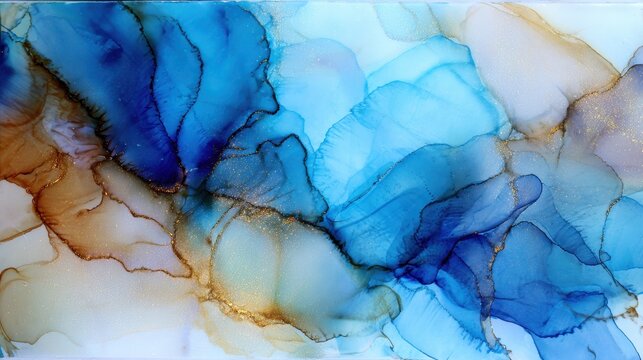 Alcohol ink abstract, blue and gold fluid art on synthetic paper, wispy edges
