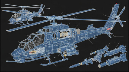 Detailed vehicle autocad blueprint of a helicopter displayed with various parts and missiles on a dark background from a slightly angled viewpoint © Stock Image Paradise