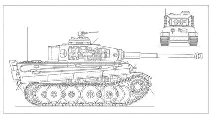 Detailed vehicle autocad blueprint of a tank with tracked propulsion system and turret design shown from side and rear views © Stock Image Paradise