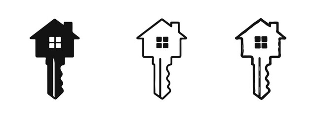 Obraz premium Property Key Icons Set. Real Estate and Home Security Symbols in Solid, Outline, and Hand-Drawn Styles.