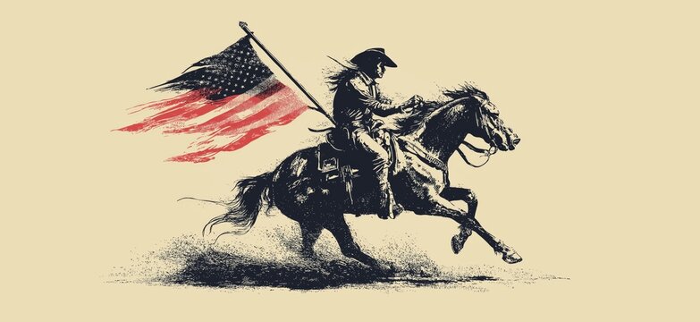 Cowboy riding horse holding Confederate Civil War flag. Cowboy riding a running horse, holding a Confederate flag in vintage screen print style