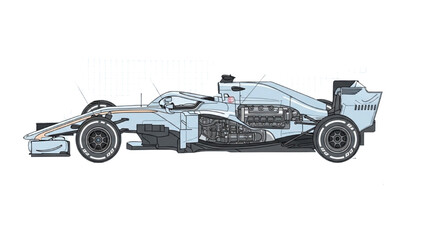 Naklejka premium Detailed vehicle autocad blueprint of a racing car in a technical illustration viewed from the side