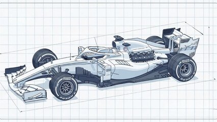 Naklejka premium Detailed vehicle autocad blueprint of a racing car on graph paper from an isometric viewpoint