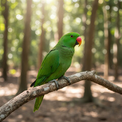 Obraz premium Green Parrot Perched on Branch in Tropical Forest Setting