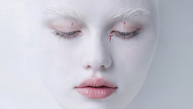 Face with pale skin closed eyes with red streaks white brows and soft pink lips