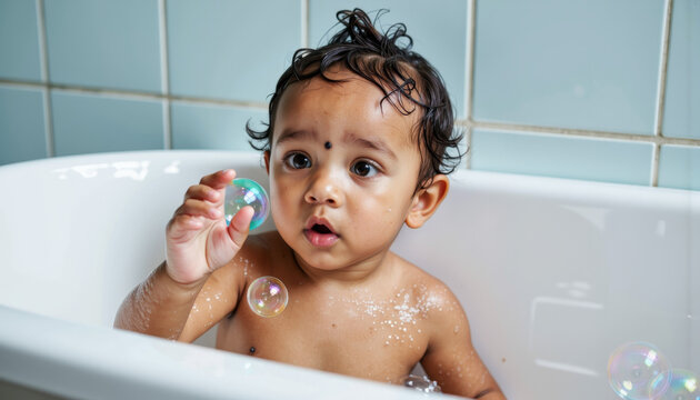 Toddler playing with bubbles in bathtub and looking surprised  