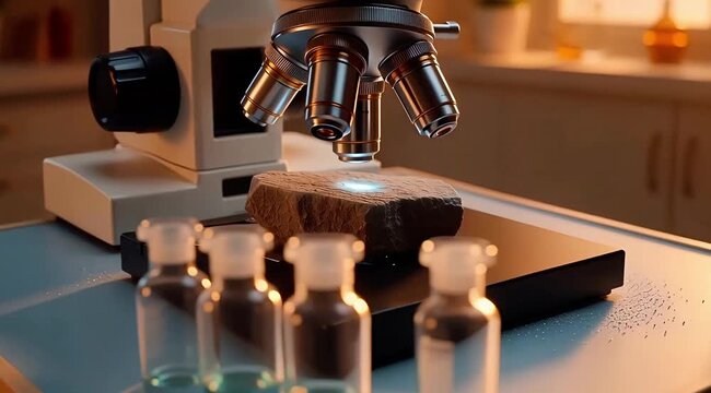 Scientist examines rock sample under microscope in laboratory setting with precision