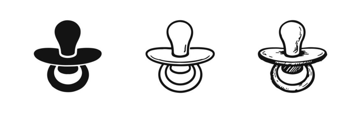 Baby pacifier icon set. Black and white vector illustrations of soothers or dummies for infants.