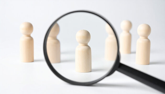 Magnifying glass focusing on manager wooden human figure among staff, HRM human resource management