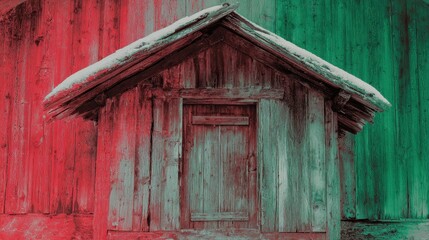 Red green palette color harmony conveying balance and cultural tradition close up classic yuletide realistic Double exposure rustic wooden cabin backdrop.