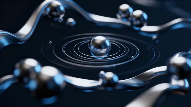 A semi-realistic abstract animation of particle physics, with subtle motion. Sleek, elegant scene visualizing atomic and subatomic particles in a scientific, futuristic style.