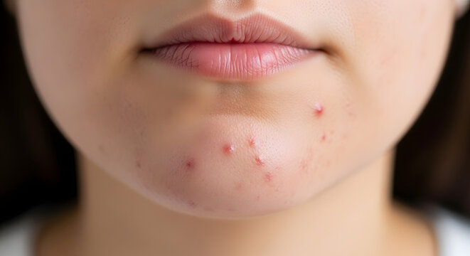 Close-up of woman's face with acne on chin and lips. Generative AI
