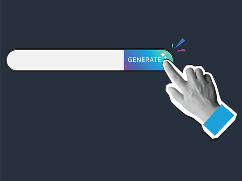 Black and white hand pressing a Generate button. Modern collage style. Vector illustration