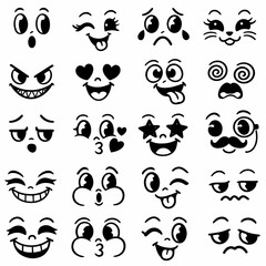 Naklejka premium Large set of cute cartoon emoji faces with many expressions including wink, kiss, heart eyes, dizzy, angry, cat face, star eyes, and monocle mustache. Perfect for stickers and apps.